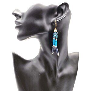 🌊 Boho Beaded Dangle Earrings - Turquoise & Black Wood Beads - Pierced Hooks